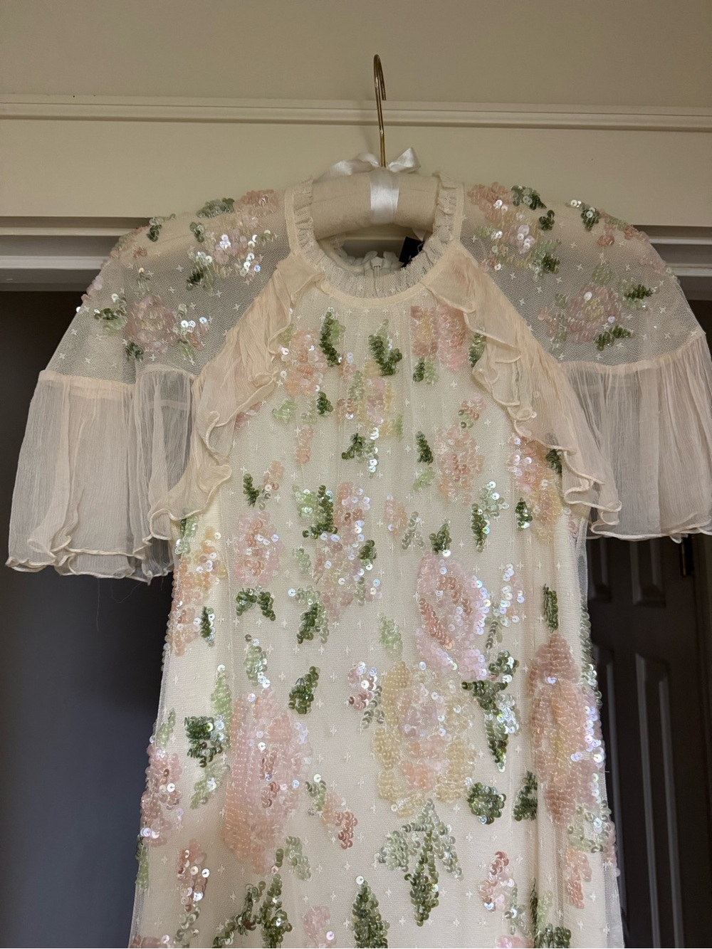 Needle & Thread Ivory Maxi Dress with Pink & Green Floral Sequin Embroidery - Picture 4 of 5